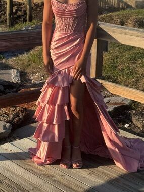 Sherri Hill Rose Pink Ruched Corset Prom Gown with Ruffled High Slit